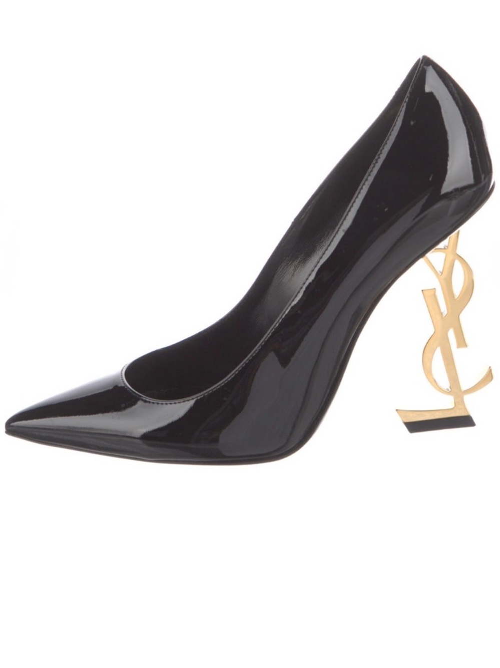 Saint Laurent Black Patent Tribute Logo-Heel Pump with Gold Monogram Heel - Picture 2 of 5